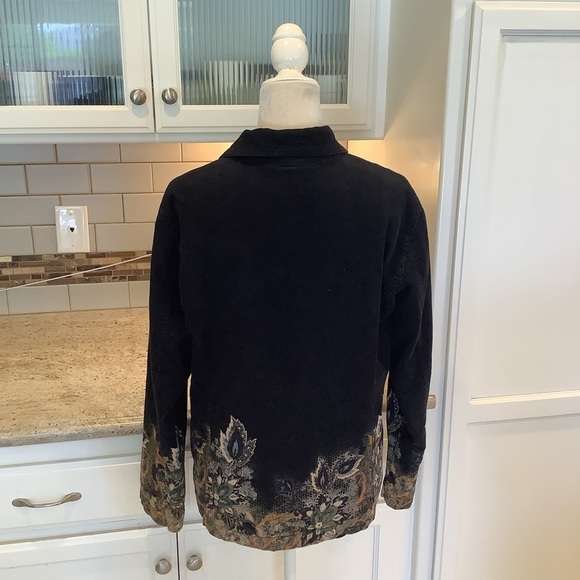 Chico’s Black Corduroy Jacket Size Large (2) Feather & Floral Button Close - Picture 4 of 9